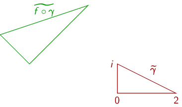A triangle with vertices at 0, 2, and i and the same triangle rotated 45 degrees,
     scaled by the square root of 2, and then translated 3 units left and 1 unit
     up