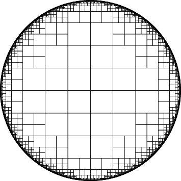 A circle filled with squares that are large in the middle and get smaller towards the edges, with the diameter of each square roughly proportional to its distance to the boundary