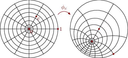 An illustration of a Möbius transformation, showing curves in the unit circle mapping down away from the base point